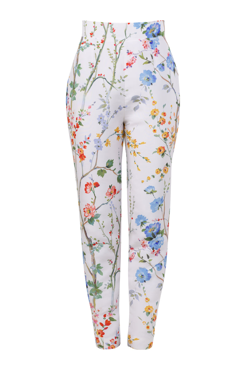 Garden Reverie Silk Faille Cigarette Pants in White Floral